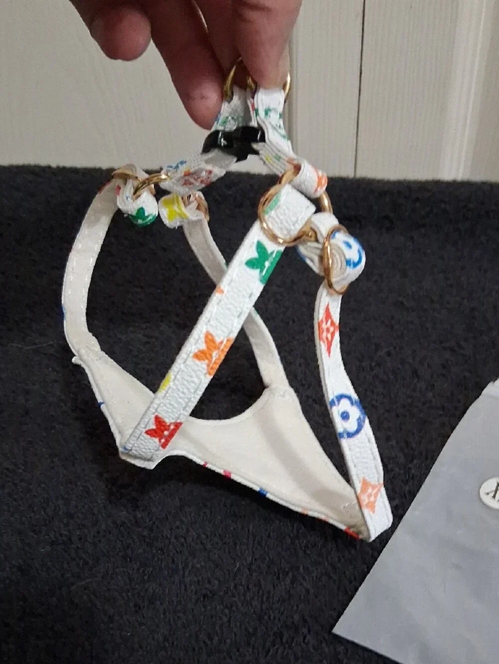 White Faux Leather Pet Harness - Colorful Luxury Monogram Print - XS